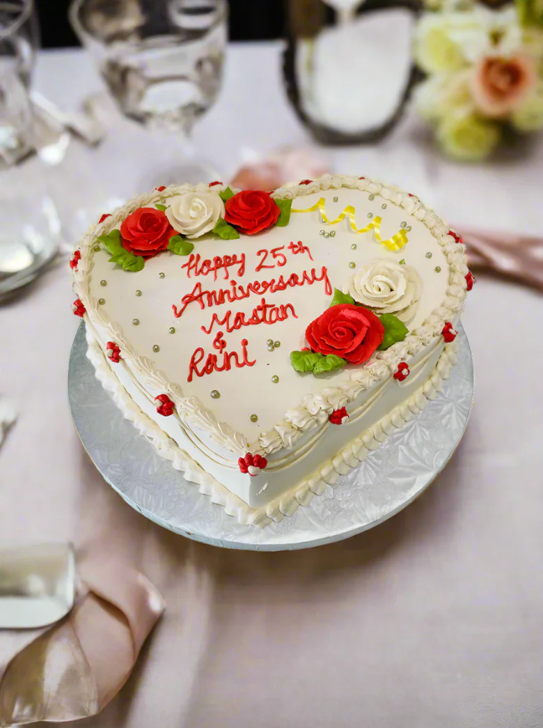 Ivory & Red Flower Anniversary Heart Cake - Image 3