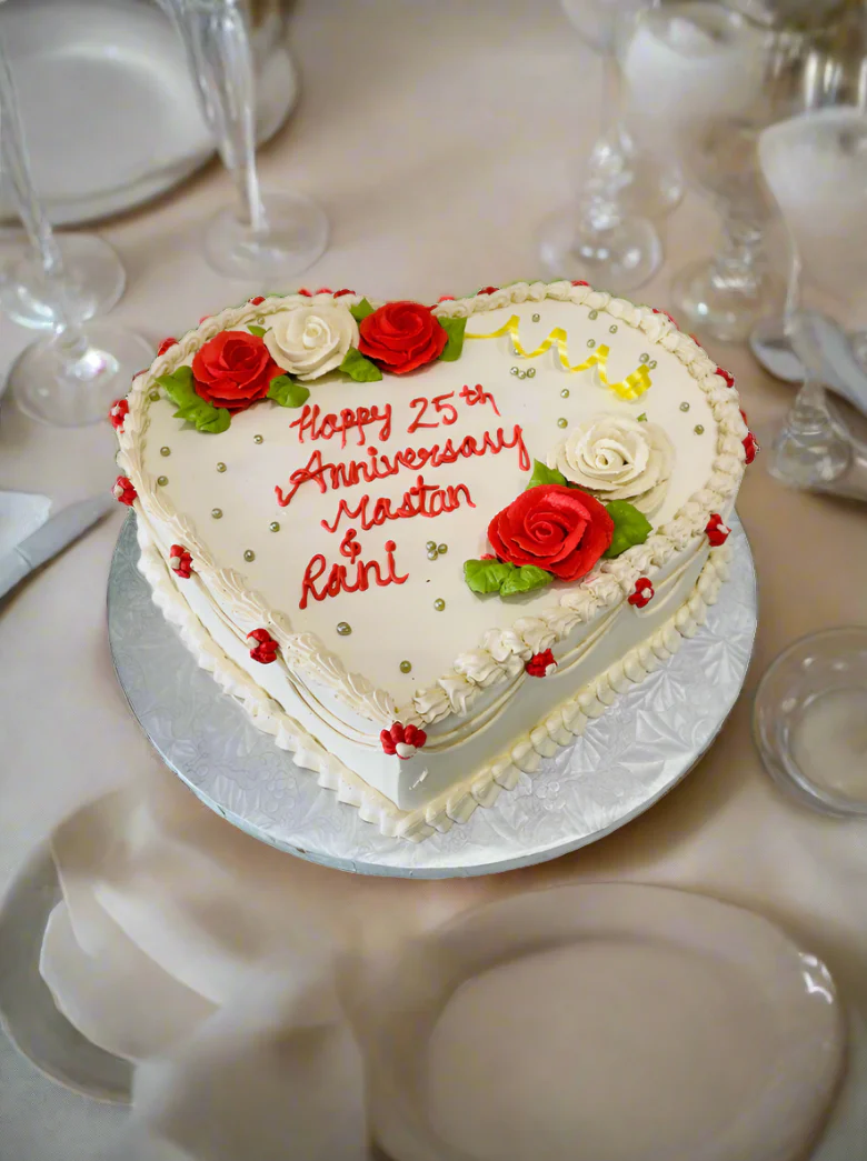 Ivory & Red Flower Anniversary Heart Cake - Image 4
