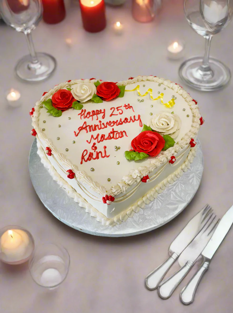 Ivory & Red Flower Anniversary Heart Cake - Image 5
